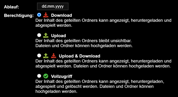 Rechte und die Gültigkeit beim Teilen mit MyDrive frei auswählen.